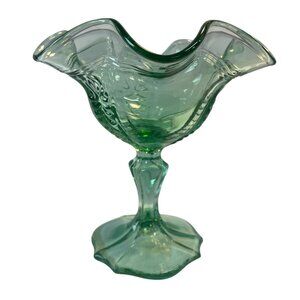 Vintage Glass Green Ruffled Footed Compote Dish Vase Leaf Pattern